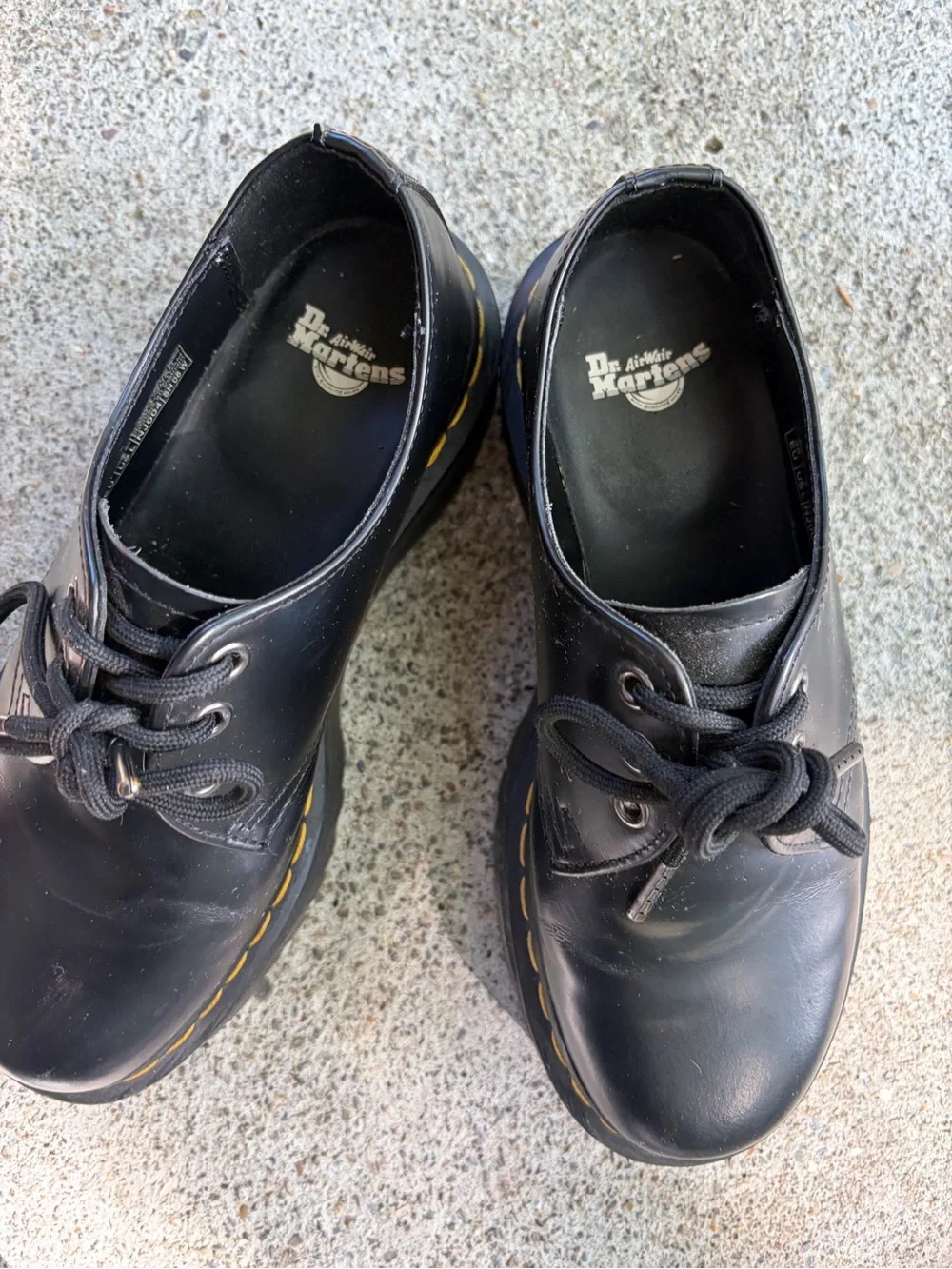 Dr. Martens Black Leather Platform Oxfords with Yellow Stitching